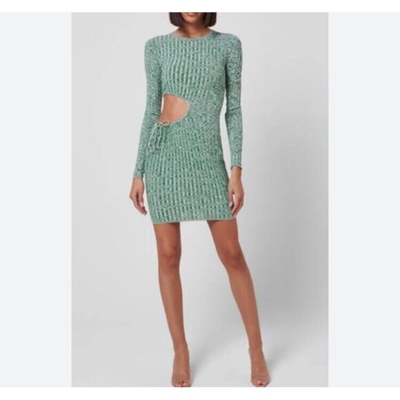 Aya Muse Cut Out Waist Long Sleeve Ribbed Mini Dress Heather Green Size S/2-4 - Picture 9 of 9